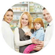 2 pharmacist and customer carrying a baby